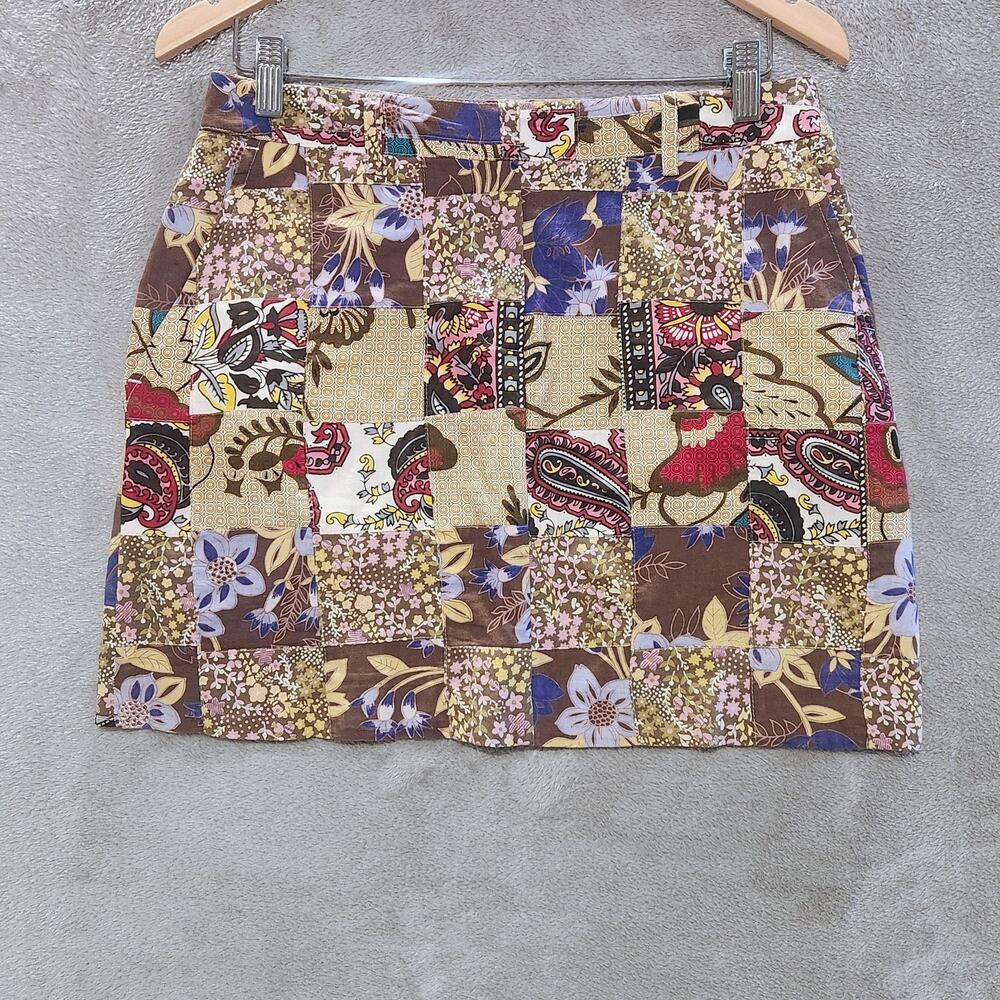 Larry Levine Womens Tan Paisley Floral Patchwork Mini Skirt Size 6 Petite Boho